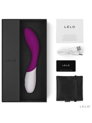 Lelo Mona Wave 8 G Spot Vibrator product with packaging, USB cable, and user manual on a white background