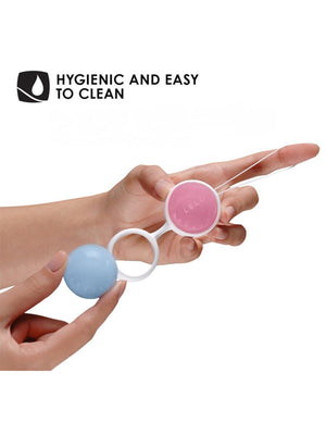 Hand holding a contact lens case with blue and pink lenses, labeled 'Hygienic and Easy to Clean'. on Lelo Luna Beads Classic Kegel Set