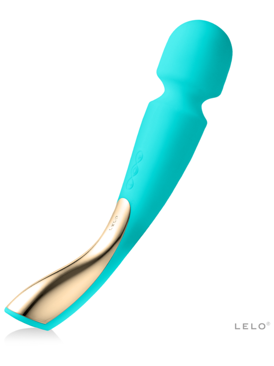 Turquoise and gold device with 'Lelo Smart Wand 2 Large 12" Massager' branding on a white background