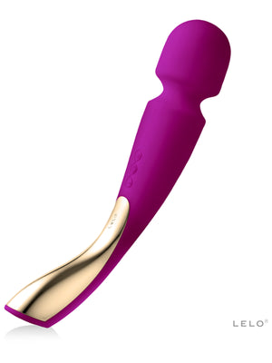 Purple and gold silicone wand with 'Lelo Smart Wand 2 Large 12" Massager' branding on a white background