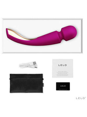 Purple toy with packaging, cable, and Lelo Smart Wand 2 Large 12" Massager branding on a white background