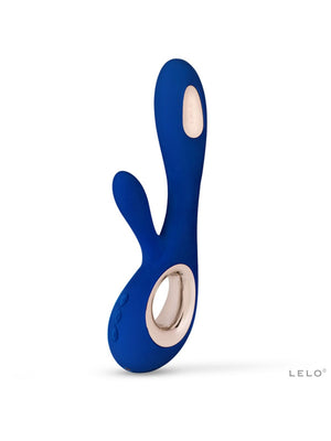 Blue and rose gold rabbit-shaped toy with 'Lelo Soraya Wave 8.6 inch Vibrator' branding on a white background