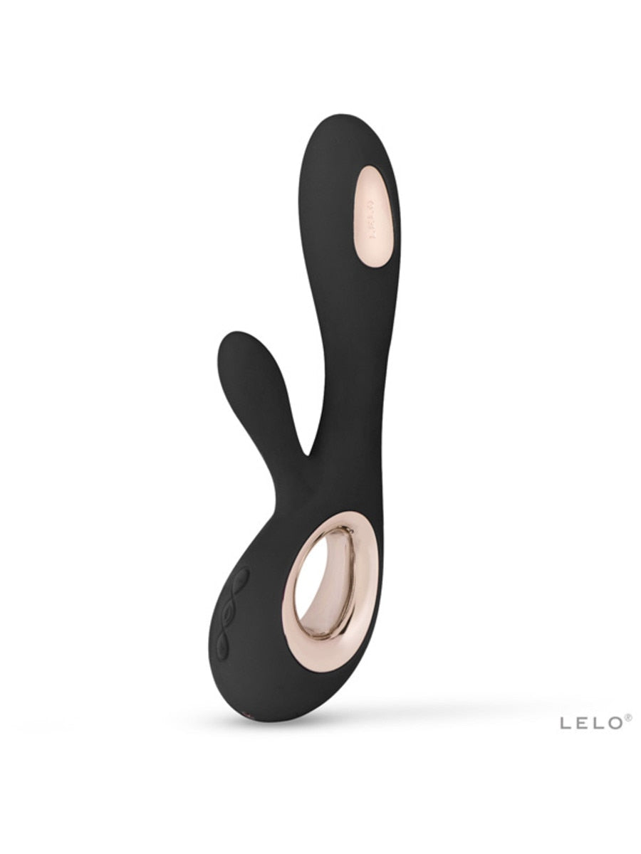 Black and rose gold rabbit-shaped toy on a white background with 'Lelo Soraya Wave 8 Rabbit Vibrator' branding.