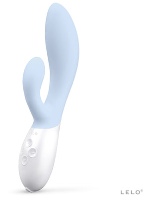Silicone rabbit-shaped toy with a white base on a white background, featuring the brand 'Lelo Ina 3 Rabbit Vibrator'.