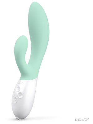 Mint green and white device with 'Lelo Ina 3 Rabbit Vibrator' branding on a white background
