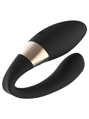 Black and rose gold LELO Tiani Harmony Dual Massager on a white background