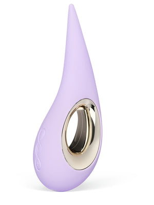 Purple Lelo Dot 7.4" Vibrator with a gold ring on a white background