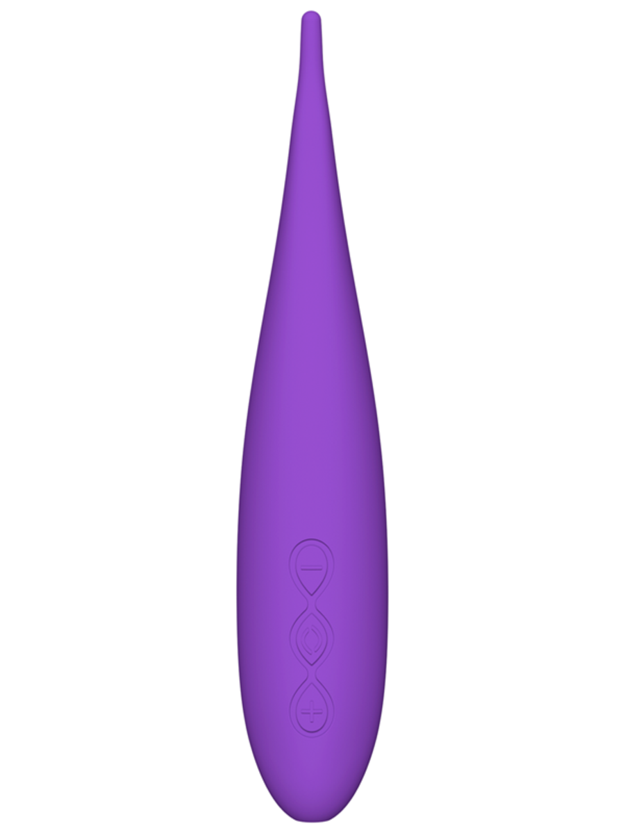 Purple silicone LELO Dot Travel Device with control buttons on a white background