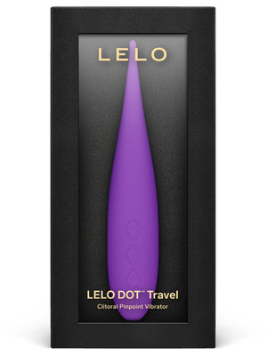 Purple clitoral pinpoint vibrator in a black box with 'LELO Dot Travel Device' branding