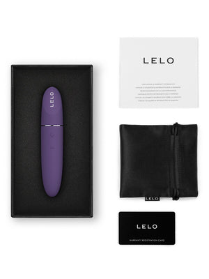 Purple Lelo Mia 3 4.4" Discreet Massager product in a black box with packaging materials on a white background