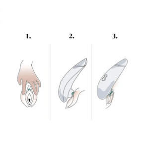 Illustration of a hand using an Womanizer Classic 2 Massager on a white background