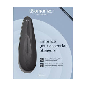 Womanizer Classic 2 Massager packaging with text on a light blue background