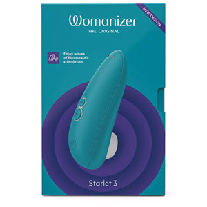 Womanizer Starlet 3 packaging with teal device on a blue and purple background