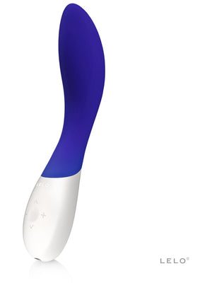 Blue and white device with 'Lelo Mona Wave 8 G Spot Vibrator' branding on a white background