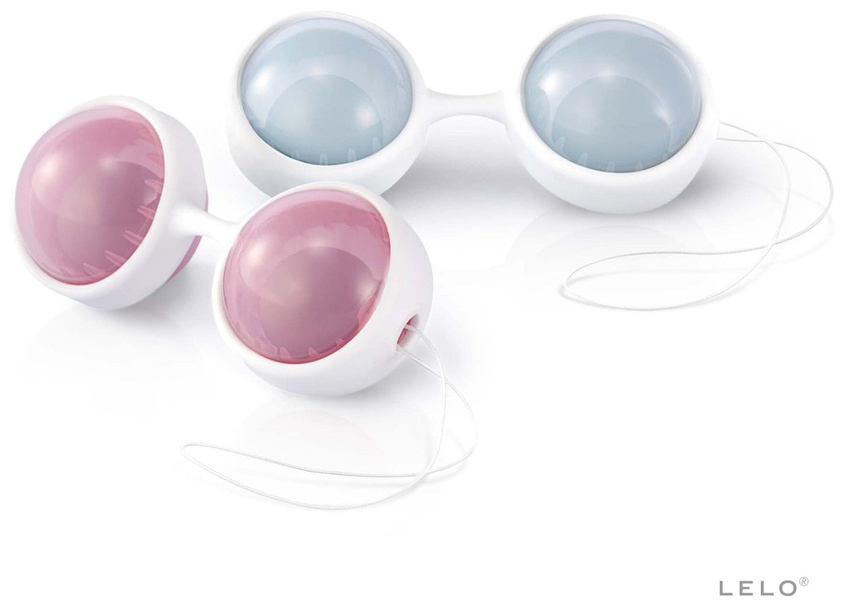 White and pink handheld massager with 'Lelo Luna Beads Classic Kegel Set' branding on a white background