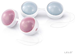 White and pink handheld massager with 'Lelo Luna Beads Classic Kegel Set' branding on a white background