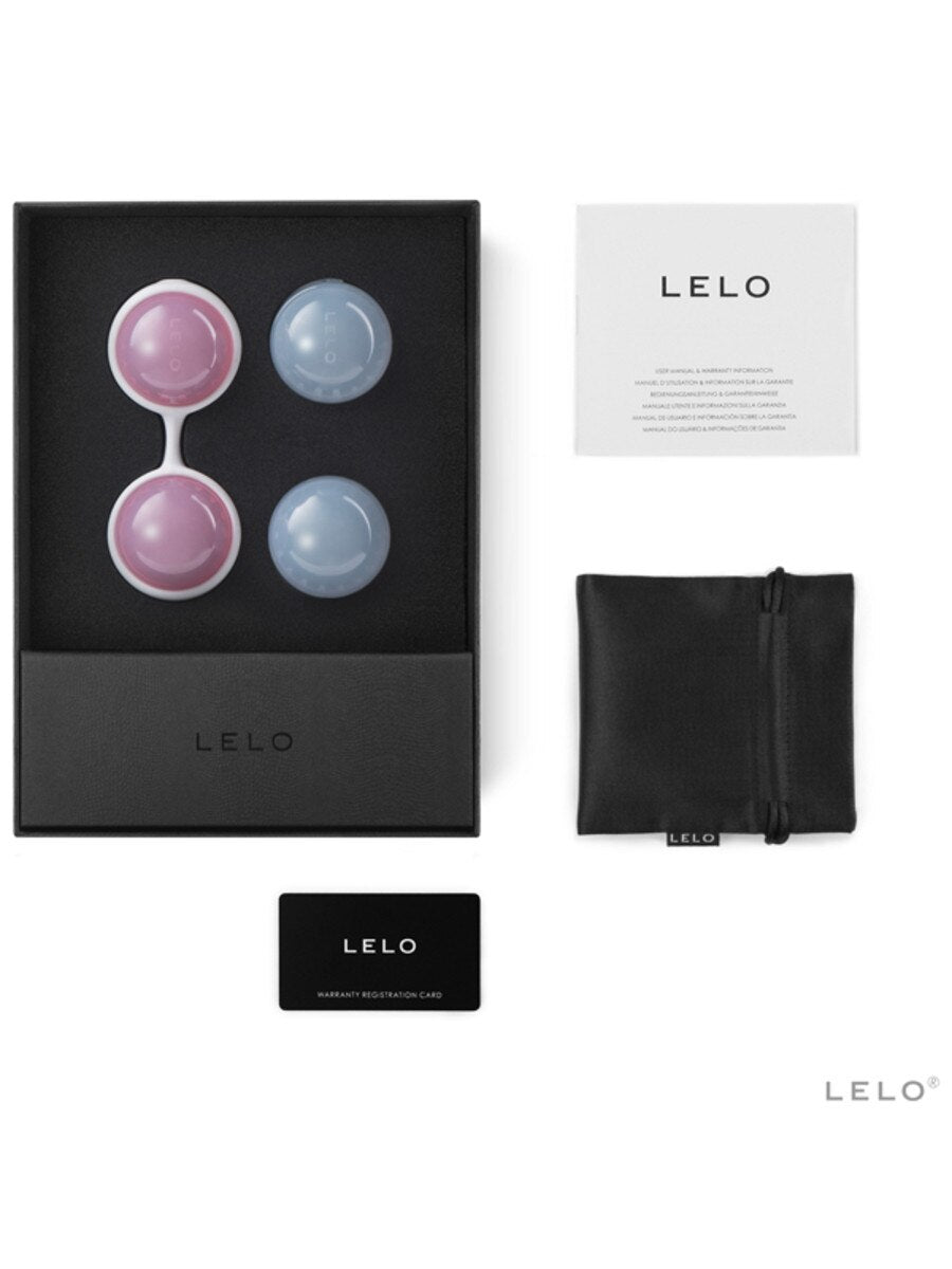Lelo Luna Beads Classic Kegel Set product packaging with black box, pink and gray devices, and branded accessories on a white background.