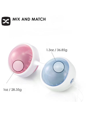 Two small containers, one pink and one blue, with measurement labels on a Lelo Luna Beads Classic Kegel Set product white background.