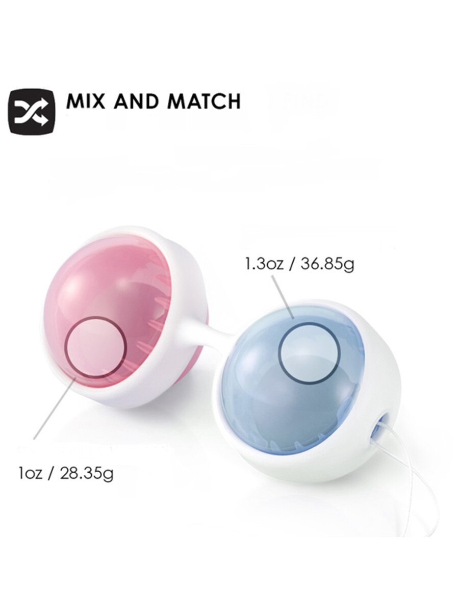 Two small containers, one pink and one blue, with measurement labels on a Lelo Luna Beads Classic Kegel Set product white background.