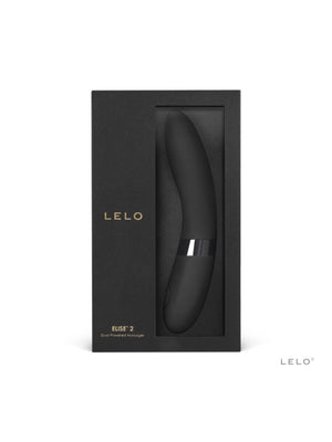 Black packaging of Lelo Elise 2 Deluxe Vibrator on a white background