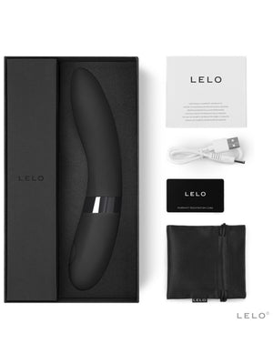 Lelo Elise 2 Deluxe Vibrator product packaging with black device, charging cable, and pouch on a white background