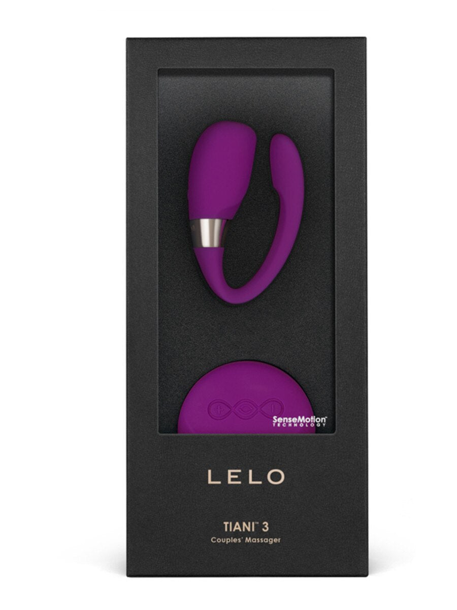 Purple LELO Tiani 3 Couples Massager in black Lelo packaging on a white background