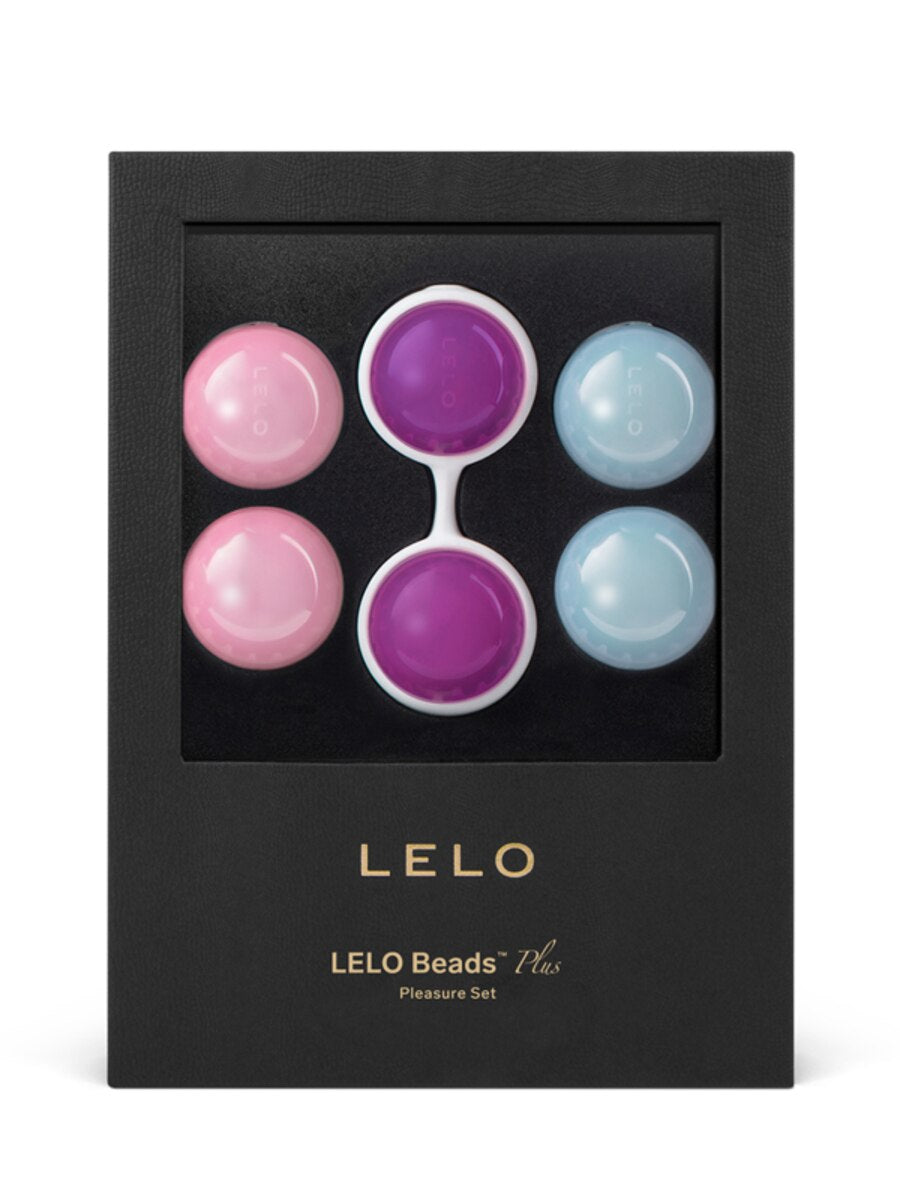 LELO Beads Plus pleasure set packaging with pink, purple, and blue beads on a black background.