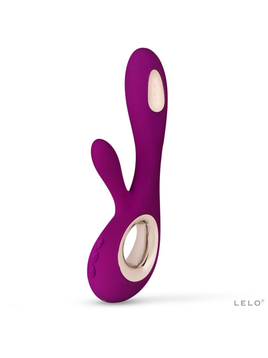Purple and gold rabbit-shaped toy with 'Lelo Soraya Wave 8 Rabbit Vibrator' branding on a white background