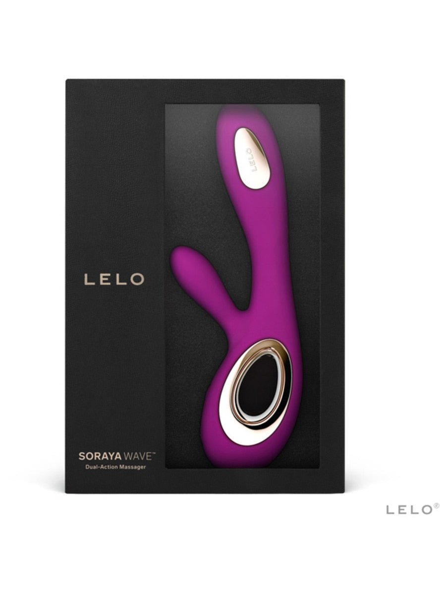 Purple and gold Lelo Soraya Wave 8 Rabbit Vibrator in a black Lelo box on a white background