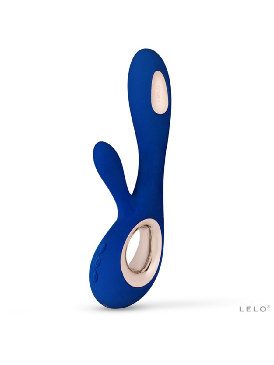 Blue and rose gold rabbit-shaped toy with 'Lelo Soraya Wave 8.6 inch Vibrator' branding on a white background