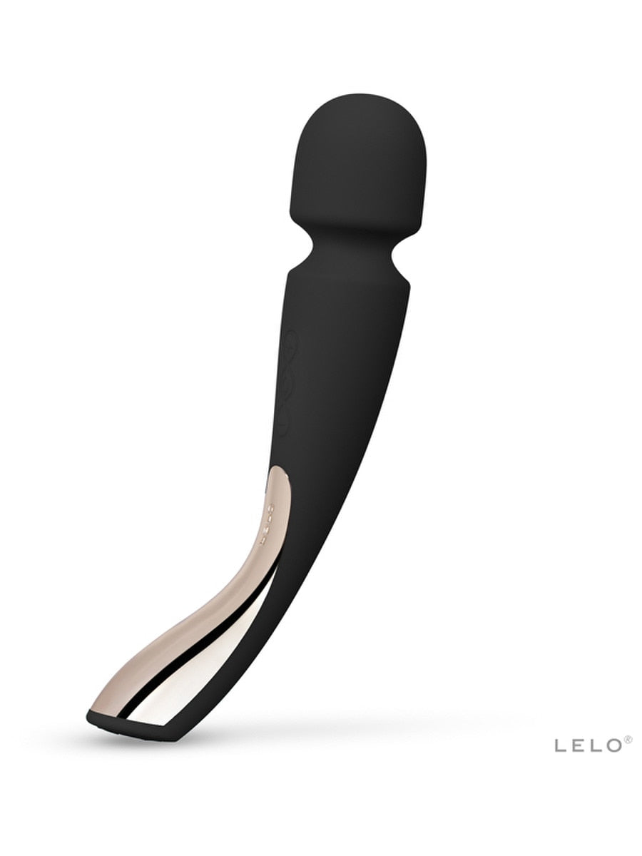 Black and beige silicone sleeve on a white background with 'Lelo Smart Wand 2 Medium' branding.