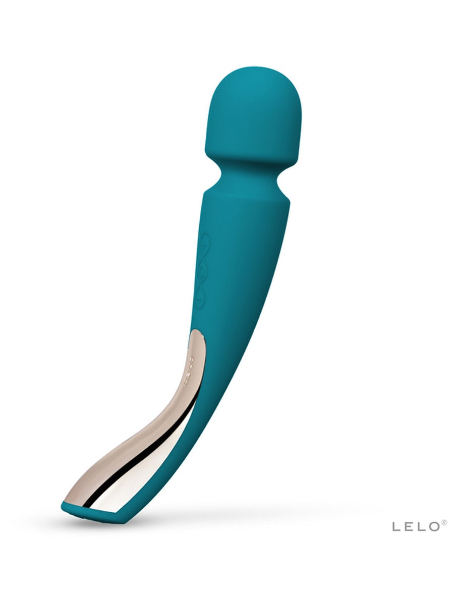 Teal and white curved object with 'Lelo Smart Wand 2 Medium' product on a white background