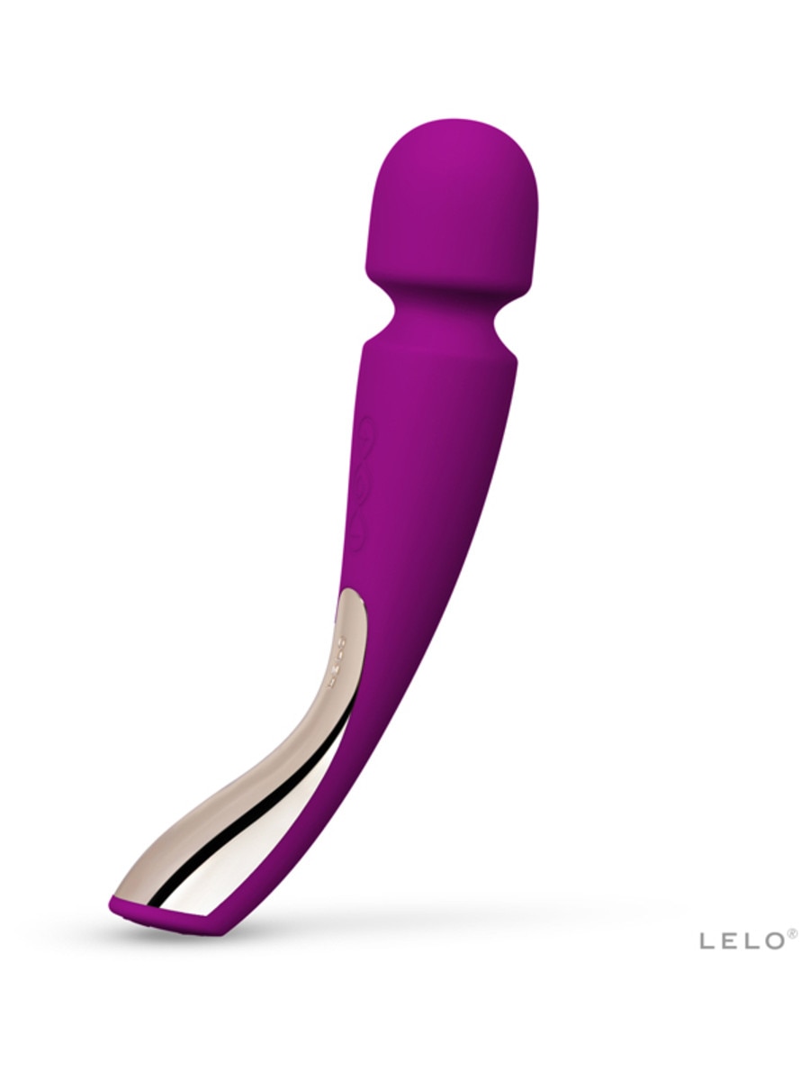 Purple and white device with 'Lelo Smart Wand 2 Medium' branding on a white background