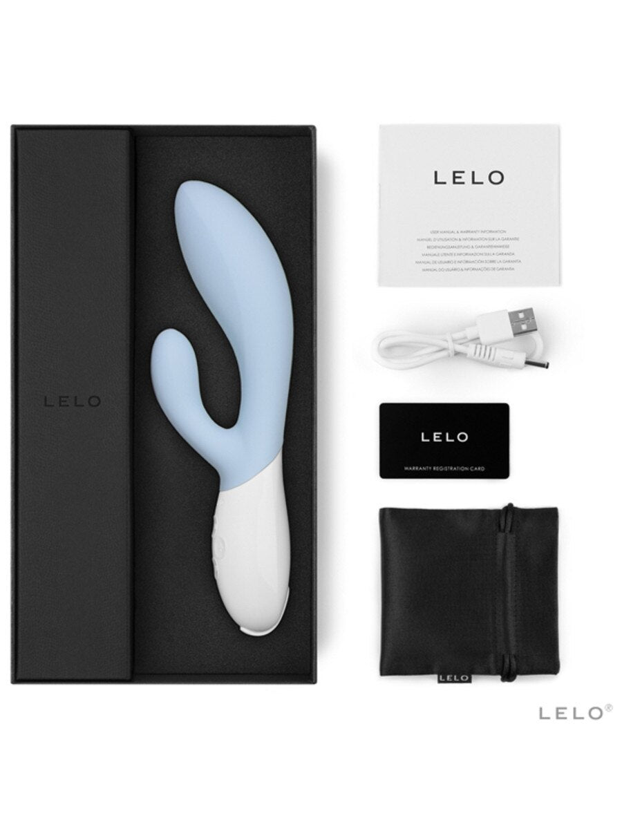 Lelo Ina 3 Rabbit Vibrator product with packaging, USB cable, and user manual on a white background