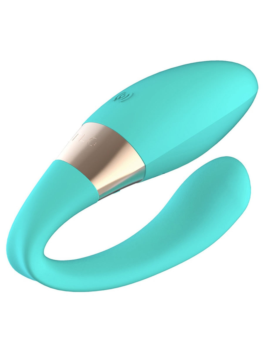 Turquoise silicone LELO Tiani Harmony Dual Massager with gold accent on a white background