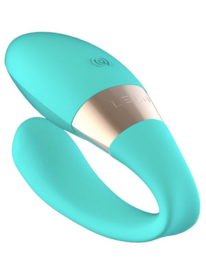 Turquoise silicone LELO Tiani Harmony Dual Massager with gold accent on a white background