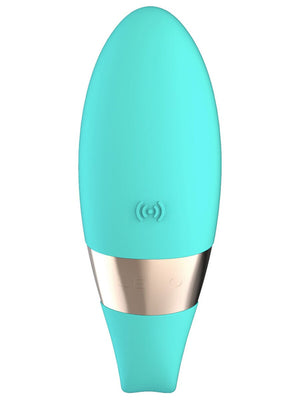 Turquoise and gold electronic device on a white background