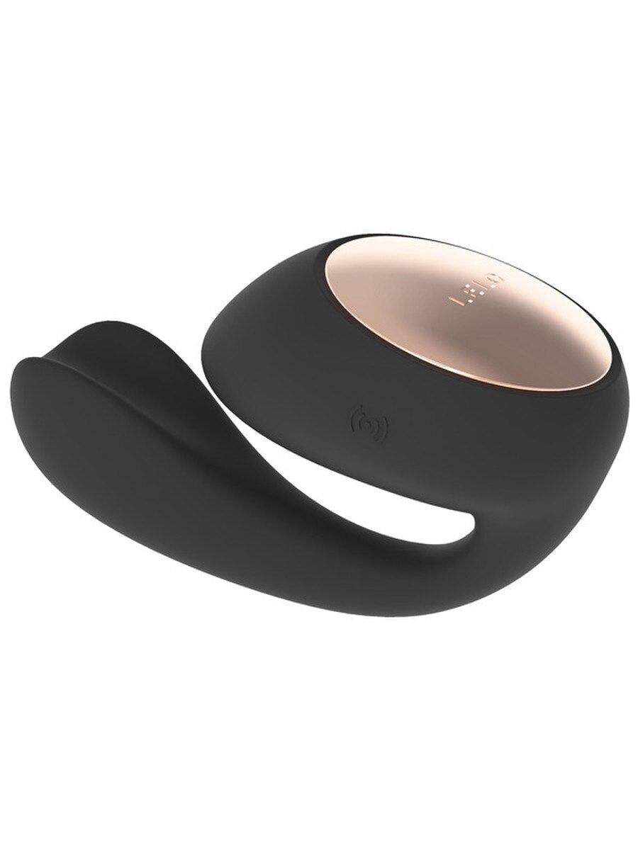 Black and rose gold Lelo Ida Wave 3.7 Vibrator on a white background.
