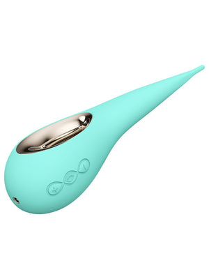 Turquoise and silver Lelo Dot 7.4" Vibrator shaped like a teardrop on a white background