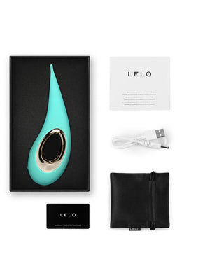 Turquoise and gold Lelo Dot 7.4" Vibrator product with packaging, USB cable, and pouch on a white background