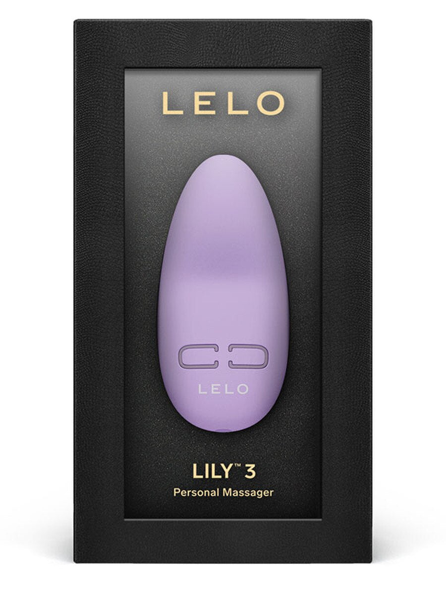 Purple LELO Lily 3 Personal Massager personal massager in black packaging on a white background