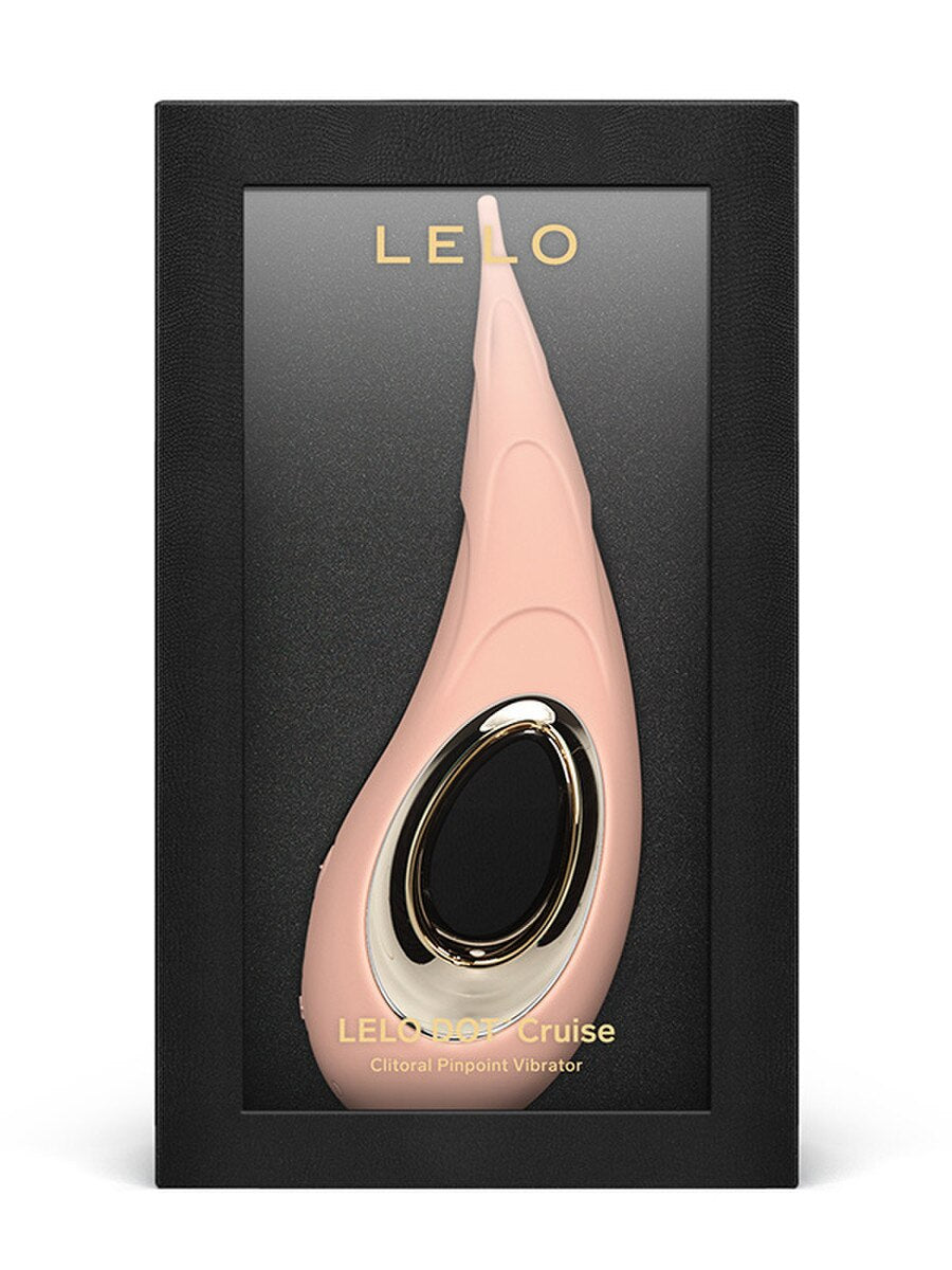 Pink and gold Lelo Dot Cruise 6.5" Vibrator product in a black box on a white background