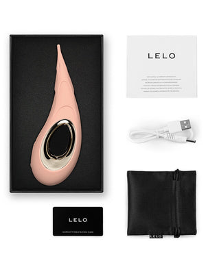 Pink Lelo Dot Cruise 6.5" Vibrator with packaging, USB cable, and manual on a white background