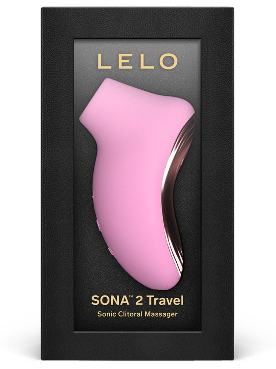 Pink LELO Sona 2 Travel Massager in black packaging with 'LELO' branding