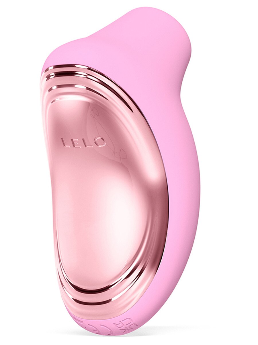 Pink and rose gold LELO Sona 2 Travel Massager on a white background
