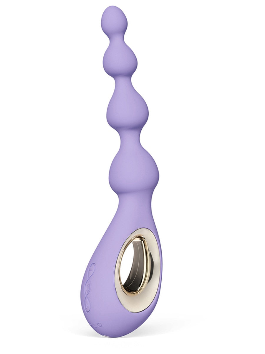 Purple and gold LELO Soraya Beads Massager on a white background