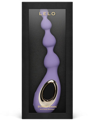 Purple anal LELO Soraya Beads Massager in a black box with 'LELO' branding