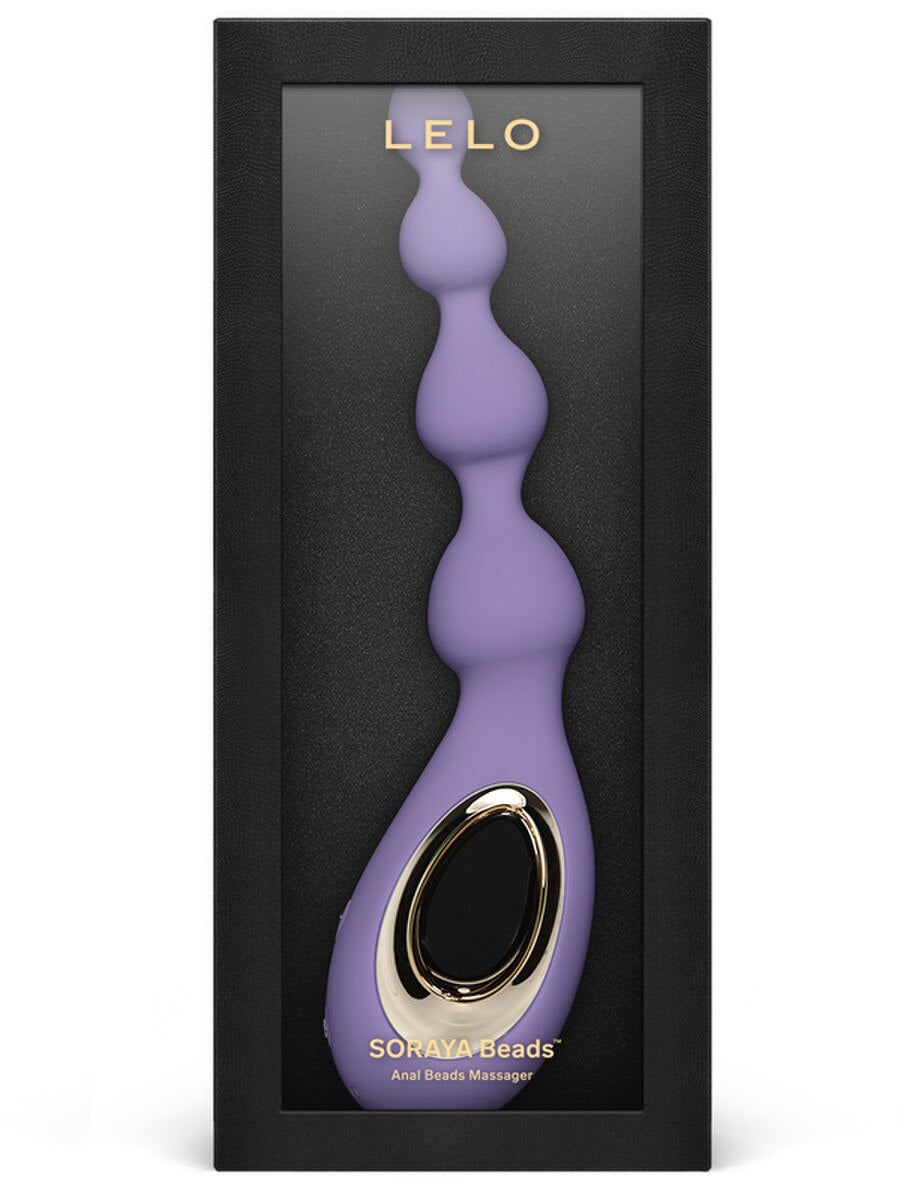 Purple anal LELO Soraya Beads Massager in a black box with 'LELO' branding
