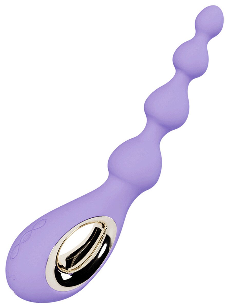 Purple and gold LELO Soraya Beads Massageron a white background