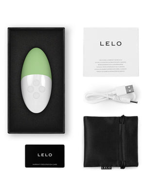 Lelo Siri 3 Sound Activated Vibrator product with packaging, USB cable, and warranty card on a white background